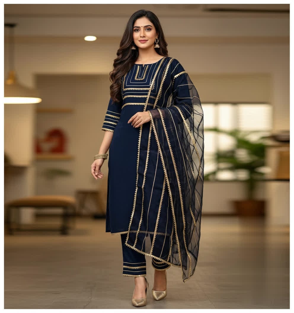 Asymmetrical Gota Patti Kurta Set – Light Gold Embroidered Bodice, Flounce Sleeves, Gold Trim Salwar Kameez With Sheer Gota Dupatta.