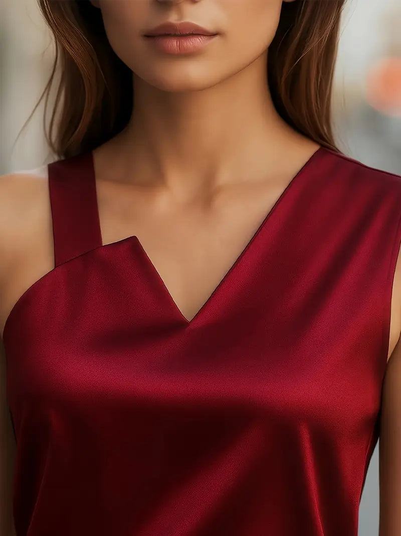 V-Neck Sleeveless Blouse, Satin Finish, All-Season Top For Work & Casual Outfits, Stylish Women’s Clothing