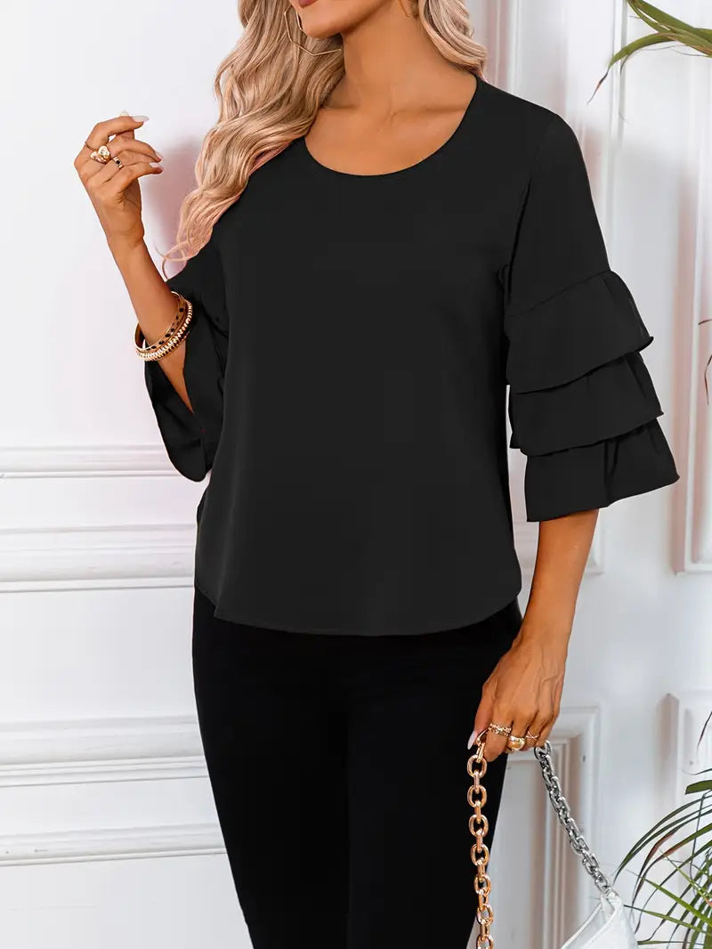 Women’s Fashion Three-Layer Sleeve Top – Elegant Round Neck Blouse, Lightweight, Flowy & Stylish Casual To Semi-Formal Wear Season