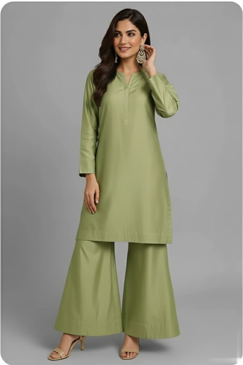 Premium Silk Bell- Bottom Suit – Olive Green Kameez With Wide-Flare Trouser - Elegant Women’s 2-Piece Outfit