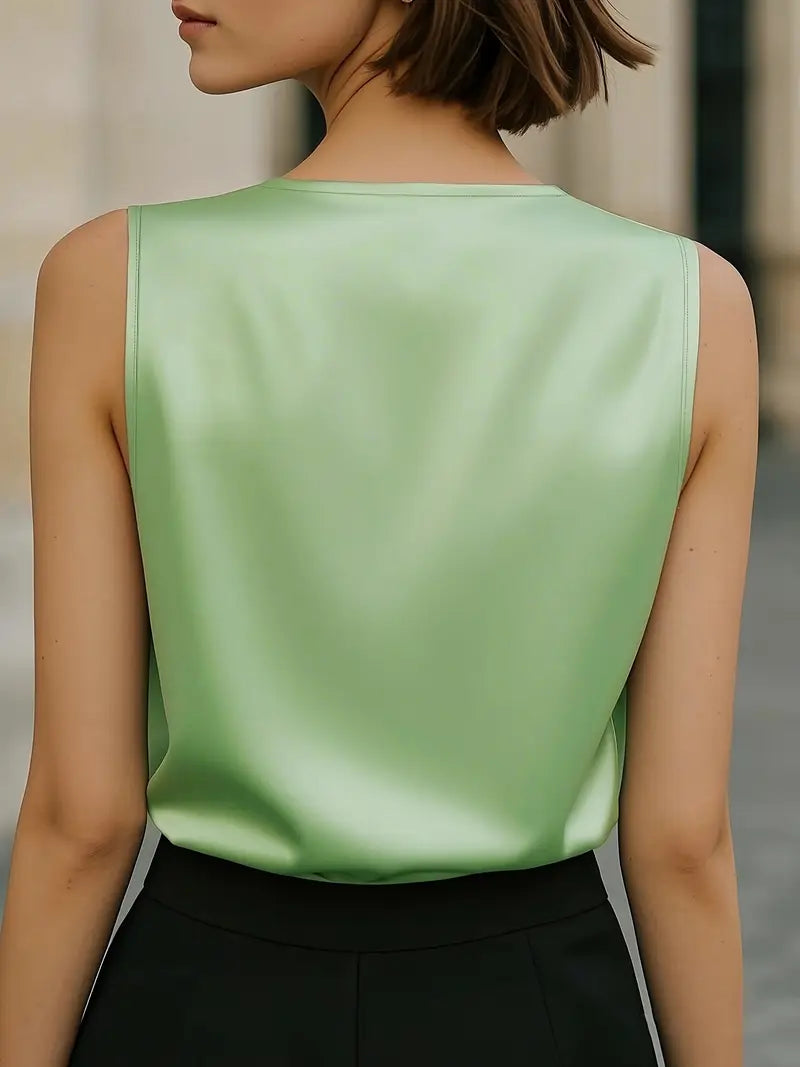 NISWA STYLE Classic Mint Green Sleeveless Blouse, Ladies V-Neck Buttoned Top, Smooth Polyester, Elegant And Versatile