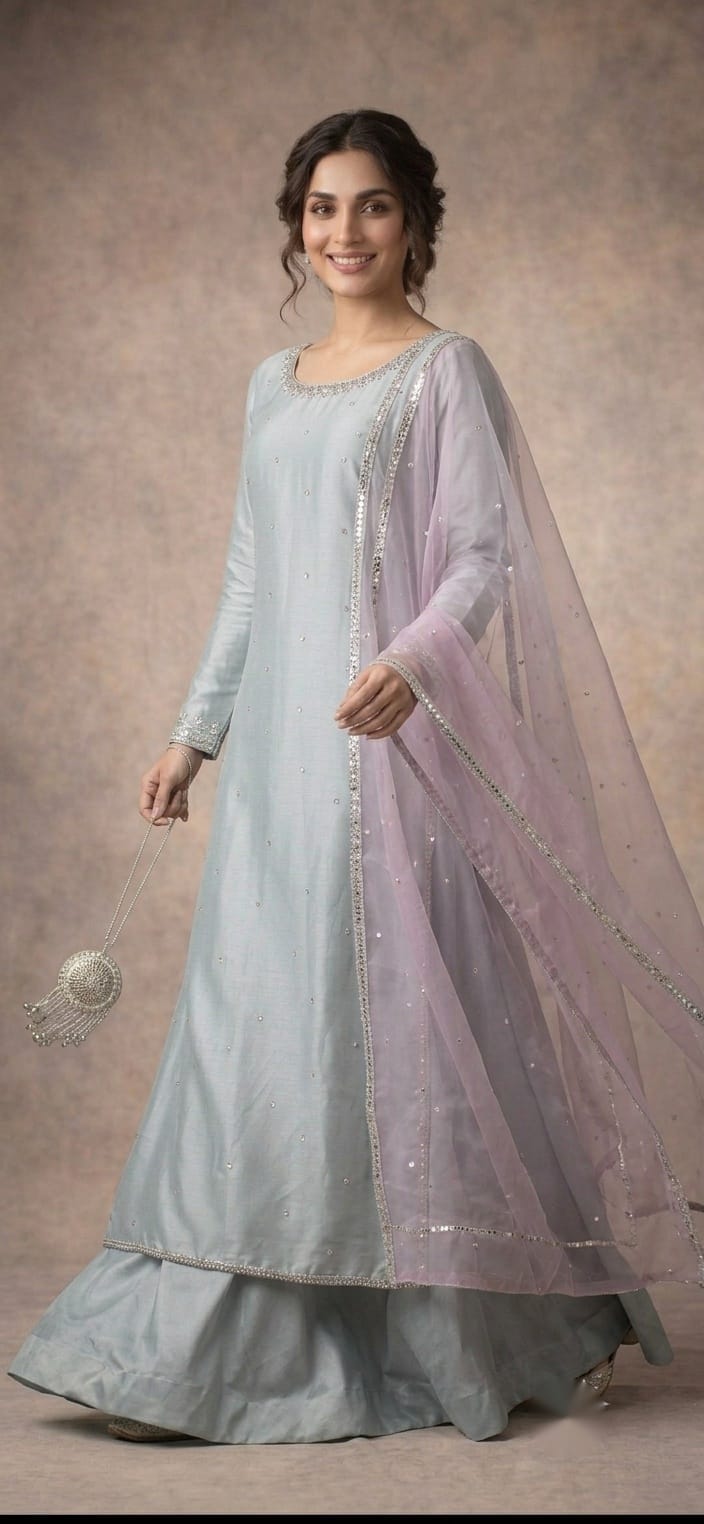 Elegant Pastel Blue & Lilac Silk Shirt Trouser Set With Dual-Tone