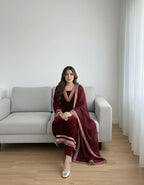 Elegant Women’s 3 Piece Velvet Dress With Lace Work & Chiffon Dupatta Lace Embellishment Sophisticated Ethnic Wear- Festive Edition