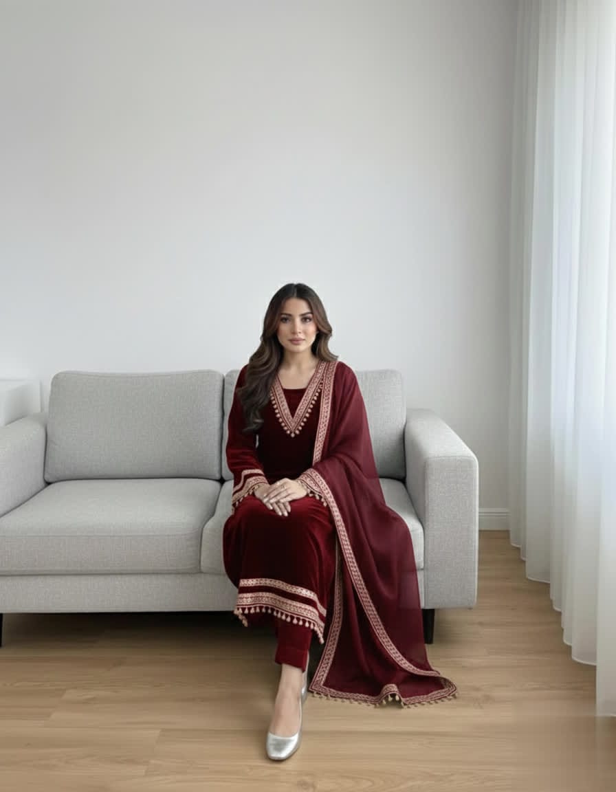 Elegant Women’s 3 Piece Velvet Dress With Lace Work & Chiffon Dupatta Lace Embellishment Sophisticated Ethnic Wear- Festive Edition