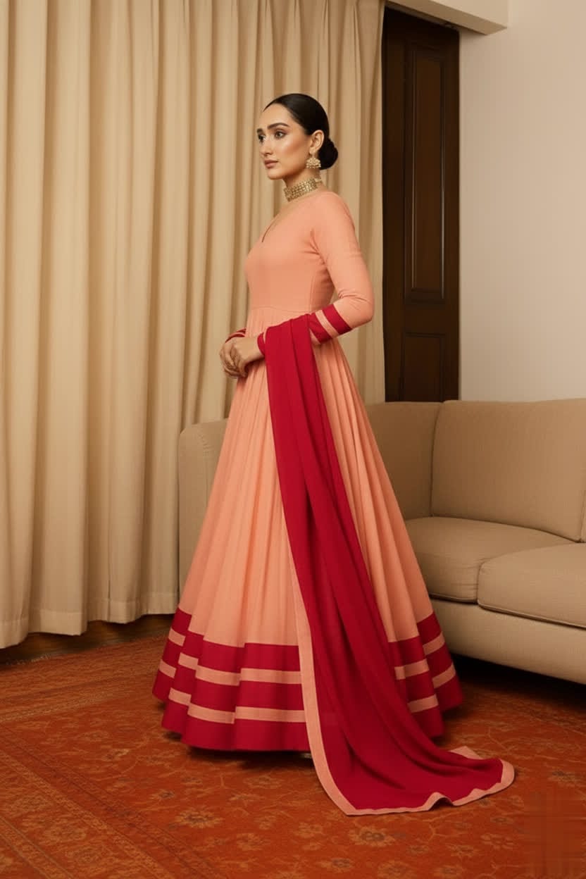 Peach & Red Anarkali Set For Women – Full Flare Long Gown With Contrast Border & Matching Dupatta - Elegant Traditional Outfit With Different Shades.