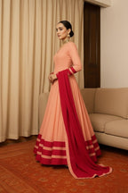 Peach & Red Anarkali Set For Women – Full Flare Long Gown With Contrast Border & Matching Dupatta - Elegant Traditional Outfit With Different Shades.