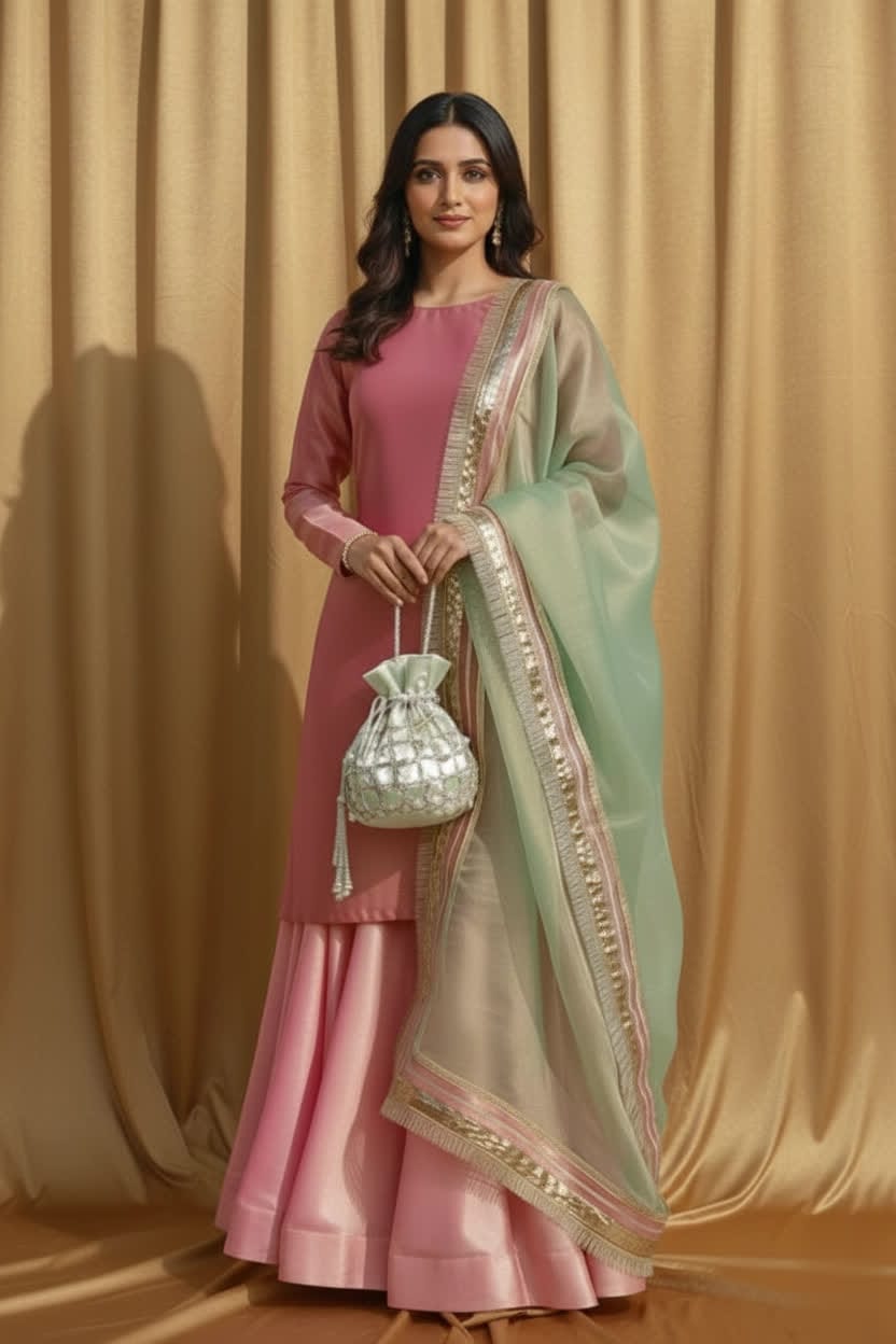 Elegant Plain Gharara Set For Women – Flared Palazzo-Style Gharara With Tissue Fabric & Light Green Masuri Dupatta