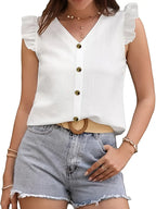 Elegant V-Neck Blouse With Puff Sleeves, Chic Button Down Shirt, Stylish Top Casual And Office Wear