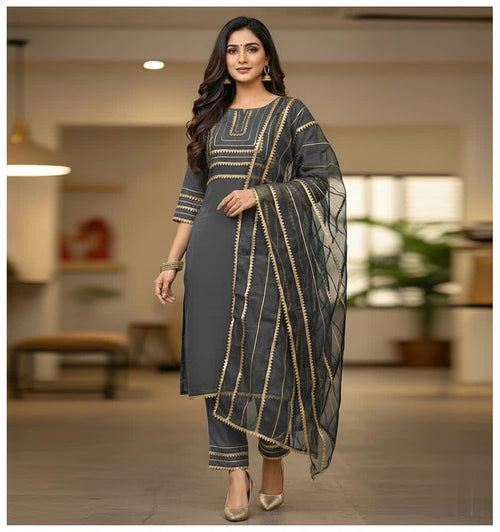 Asymmetrical Gota Patti Kurta Set – Light Gold Embroidered Bodice, Flounce Sleeves, Gold Trim Salwar Kameez With Sheer Gota Dupatta.