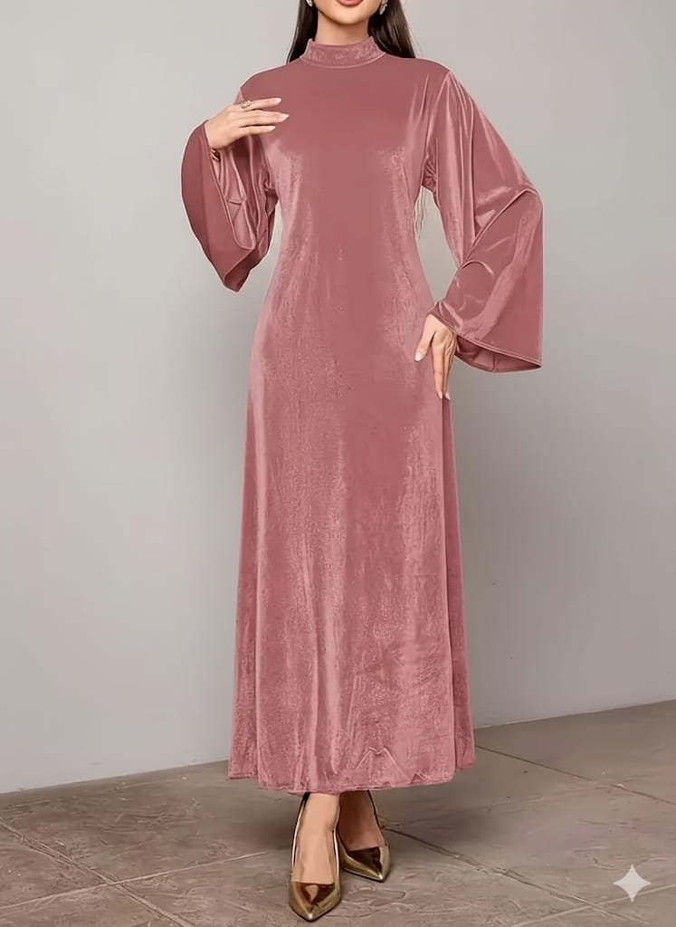 Elegant Full-Length Velvet Maxi Dress For Women, Long Sleeve Gown With Belt, Zipper Back And Tie Detail  Formal Evening Dress