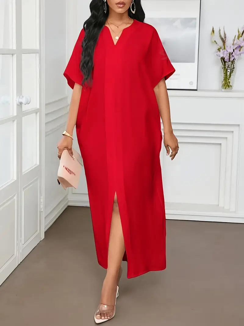 Women’s Elegant V-Neck Short Sleeve Maxi Dress – Flowy Fit, Glossy Finish – Perfect For Casual & Formal Wear