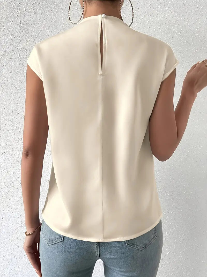 Stylish Black Batwing Sleeve Blouse, Crew Neck Short Sleeve Top With Front Slit, Smooth And Comfortable Top