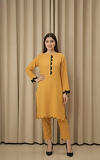 Elegant Cotton 2-Piece Suit – Crew-Neck Chori Piping Shirt With Cutwork Sleeves & Reet Design Trouser | Latest Stylish Women’s Outfit.