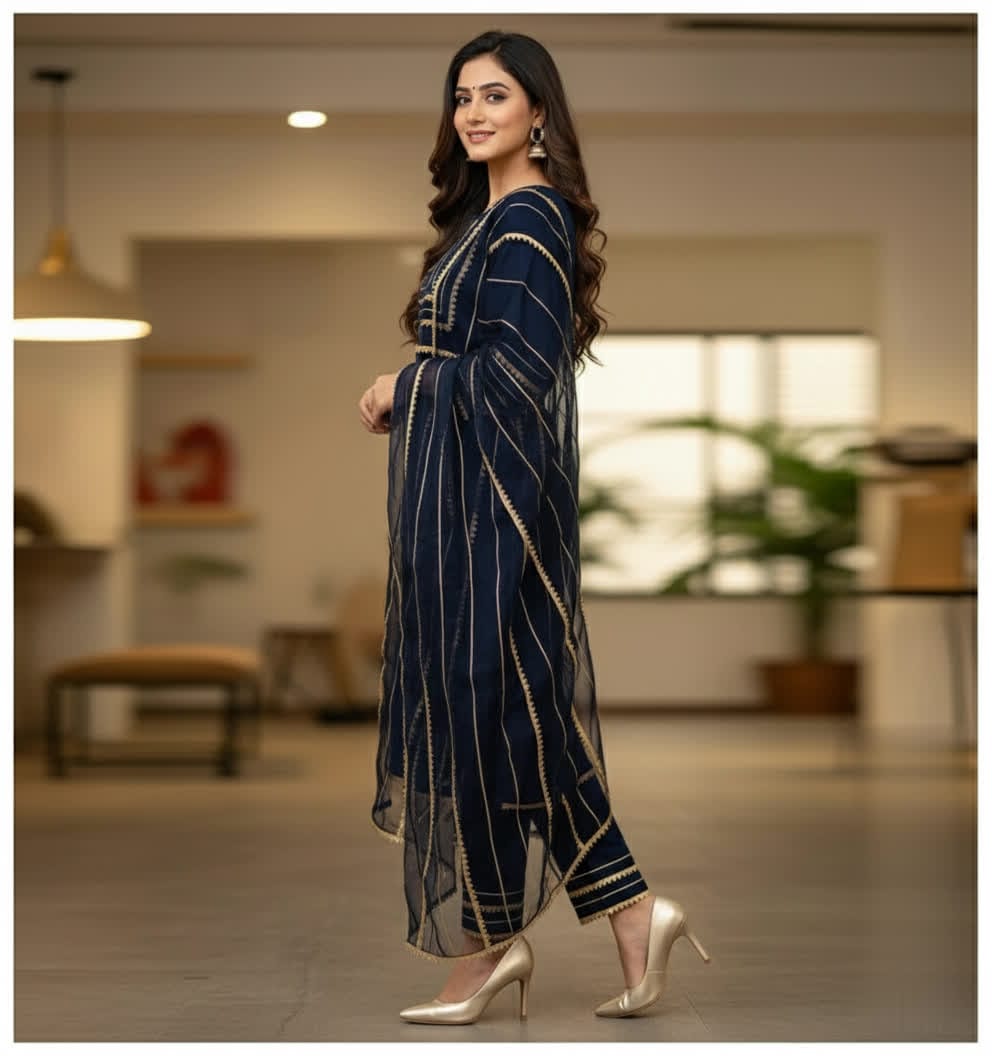 Asymmetrical Gota Patti Kurta Set – Light Gold Embroidered Bodice, Flounce Sleeves, Gold Trim Salwar Kameez With Sheer Gota Dupatta.