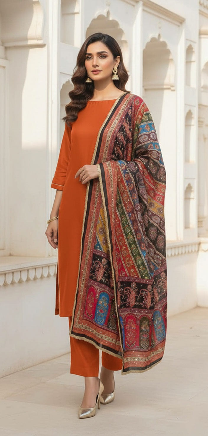 Colourful Ethnic Suit Set With Spectacular Embellished Mirrored Dupatta