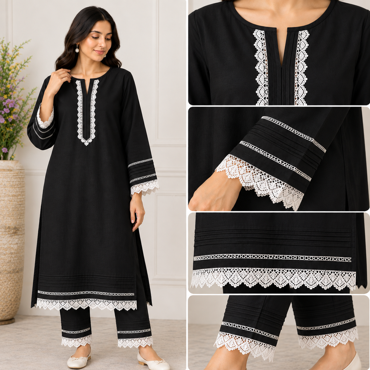 Black & White Luxury Pret Suit With Lace Detailing