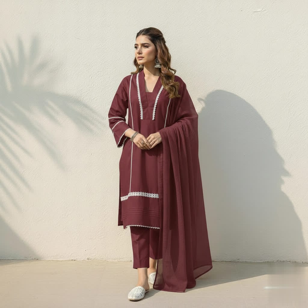 Classic Solid Cotton Ethnic 3-Piece Suit With Lace Embellishment