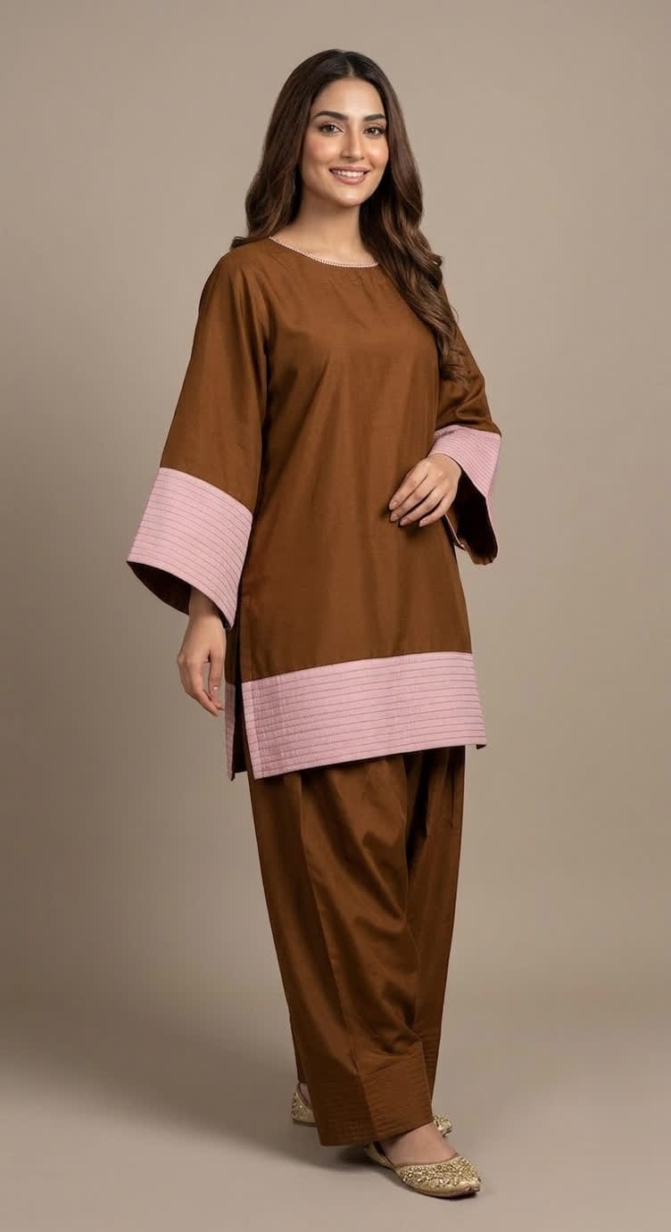 Brown And Pink Lawn Cotton Two Piece Suit - Short Shirt With Embroidery & Farshi Shalwar