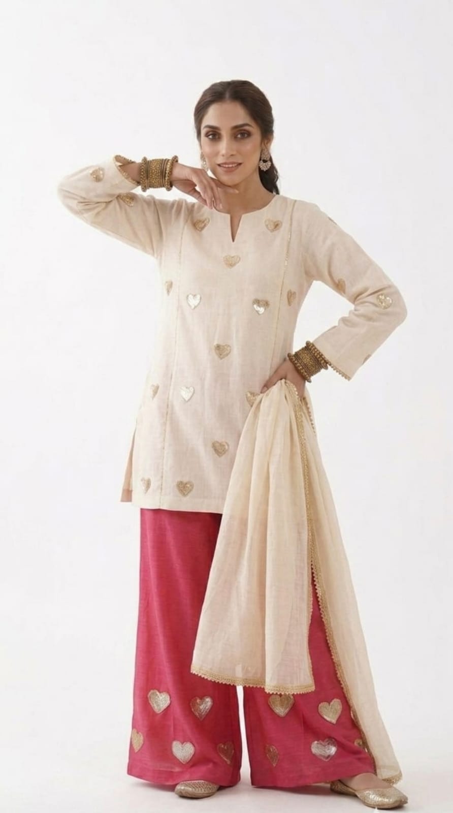 Elegant Ivory & Pink Cambric Lawn Suit