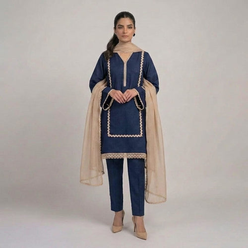Beige Straight Kurta With Black Zig-Zag Lace