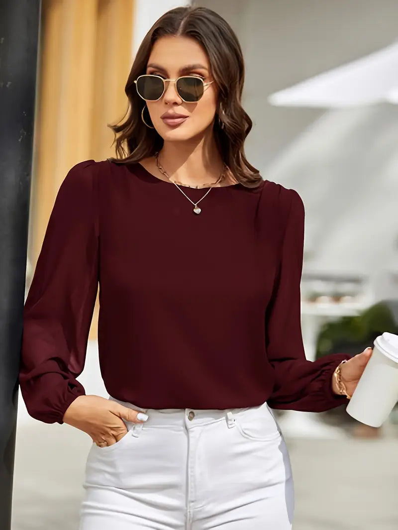 Elegant Long Puff Sleeve Smock Shirt, Round Neck Blouse, All-Season Top For Casual And Formal Outfits