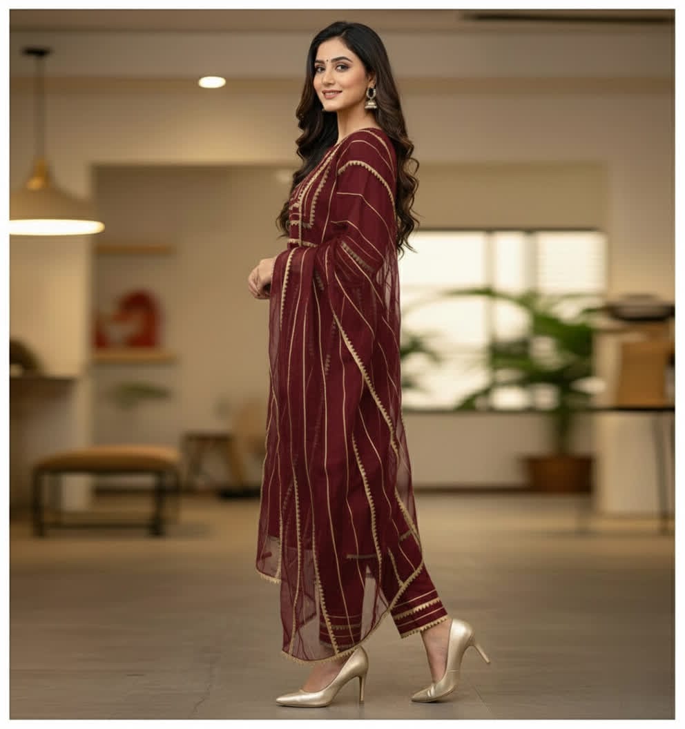 Asymmetrical Gota Patti Kurta Set – Light Gold Embroidered Bodice, Flounce Sleeves, Gold Trim Salwar Kameez With Sheer Gota Dupatta.