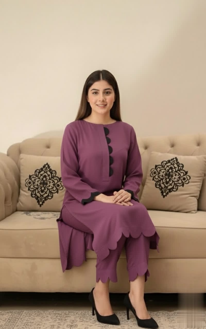 Elegant Cotton 2-Piece Suit – Crew-Neck Chori Piping Shirt With Cutwork Sleeves & Reet Design Trouser | Latest Stylish Women’s Outfit.