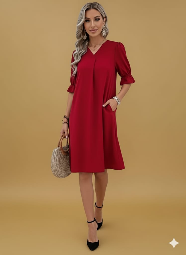 Women's Casual V-Neck Short Sleeve Dress –  A-Line Swing Dress,  Everyday Comfort Wear – All-Season Elegant Midi Dress