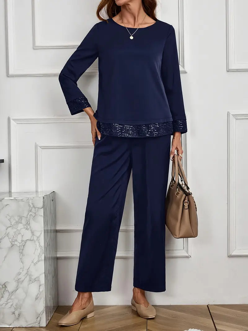 Elegant Two-Piece Set – Long Sleeve Lace Stitching Top & Matching Pants |Stylish, Comfortable and Classy Fashion Set