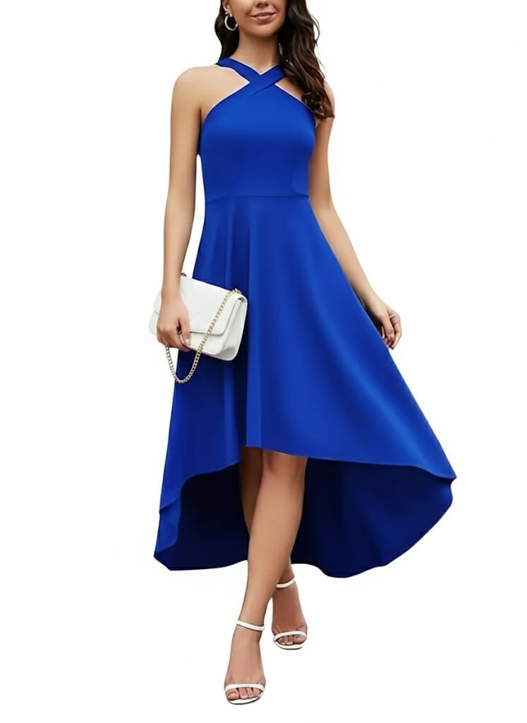 Elegant Royal Blue V-Neck Party Dress – Women’s Asymmetrical Hem Cocktail Dress, Fitted  Premium Quality Cocktail Gown For Special Occasions