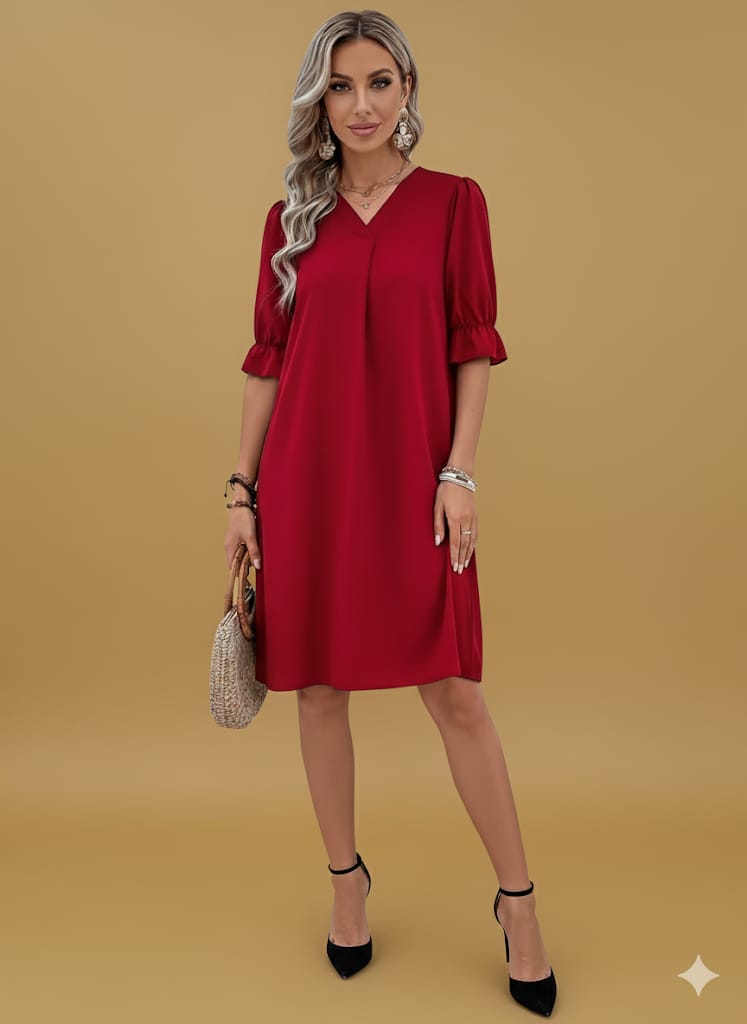 Women's Casual V-Neck Short Sleeve Dress –  A-Line Swing Dress,  Everyday Comfort Wear – All-Season Elegant Midi Dress