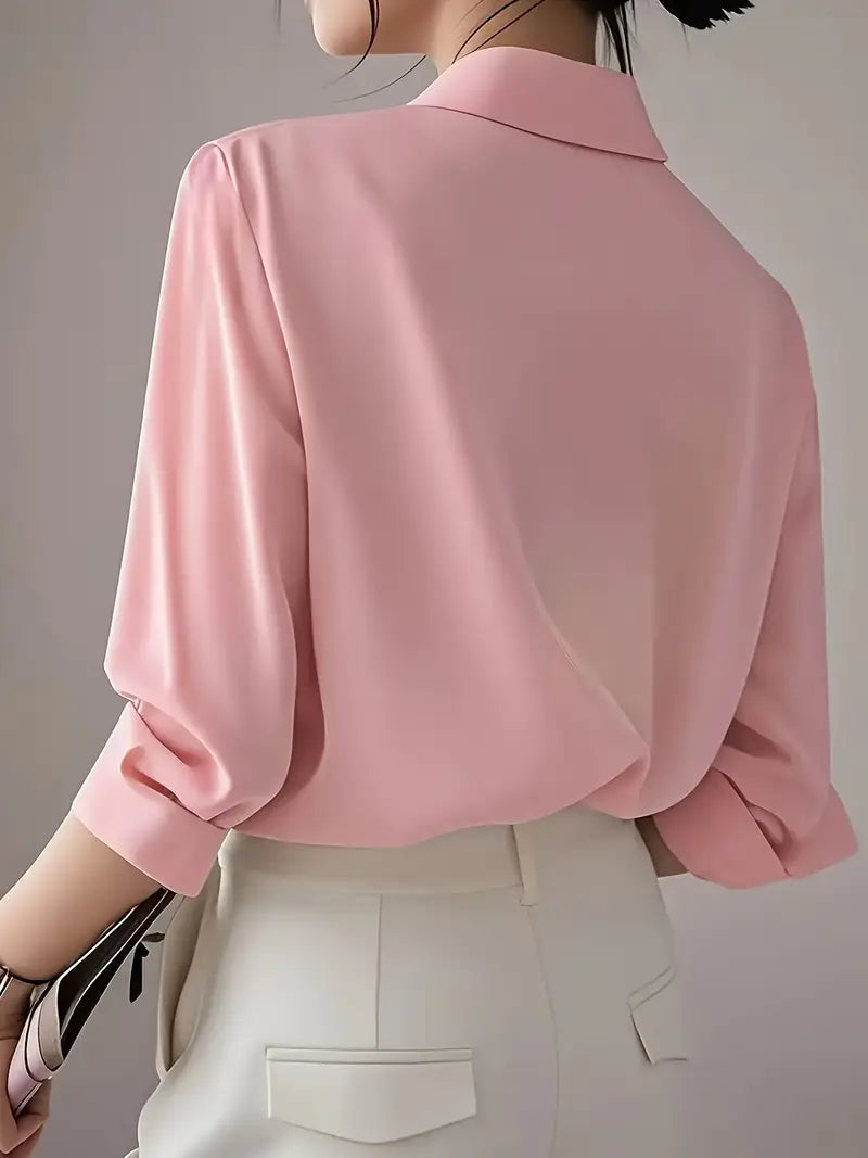 Elegant Long Sleeve Blouse, Classic Solid Color Button-Up Shirt With Lapel Collar, Office And Casual Wear