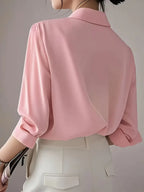 Elegant Long Sleeve Blouse, Classic Solid Color Button-Up Shirt With Lapel Collar, Office And Casual Wear