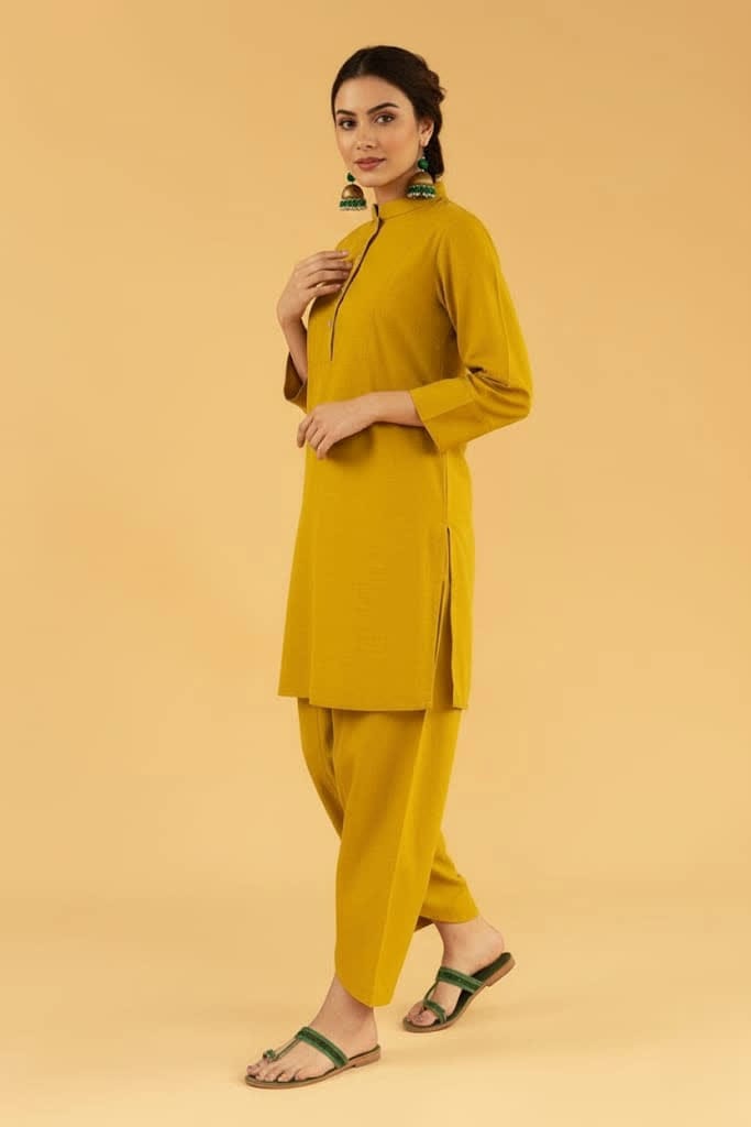 Mustard Yellow Women’s Two-Piece Set – Stylish Shirt & Straight Trouser For Casual & Office Wear