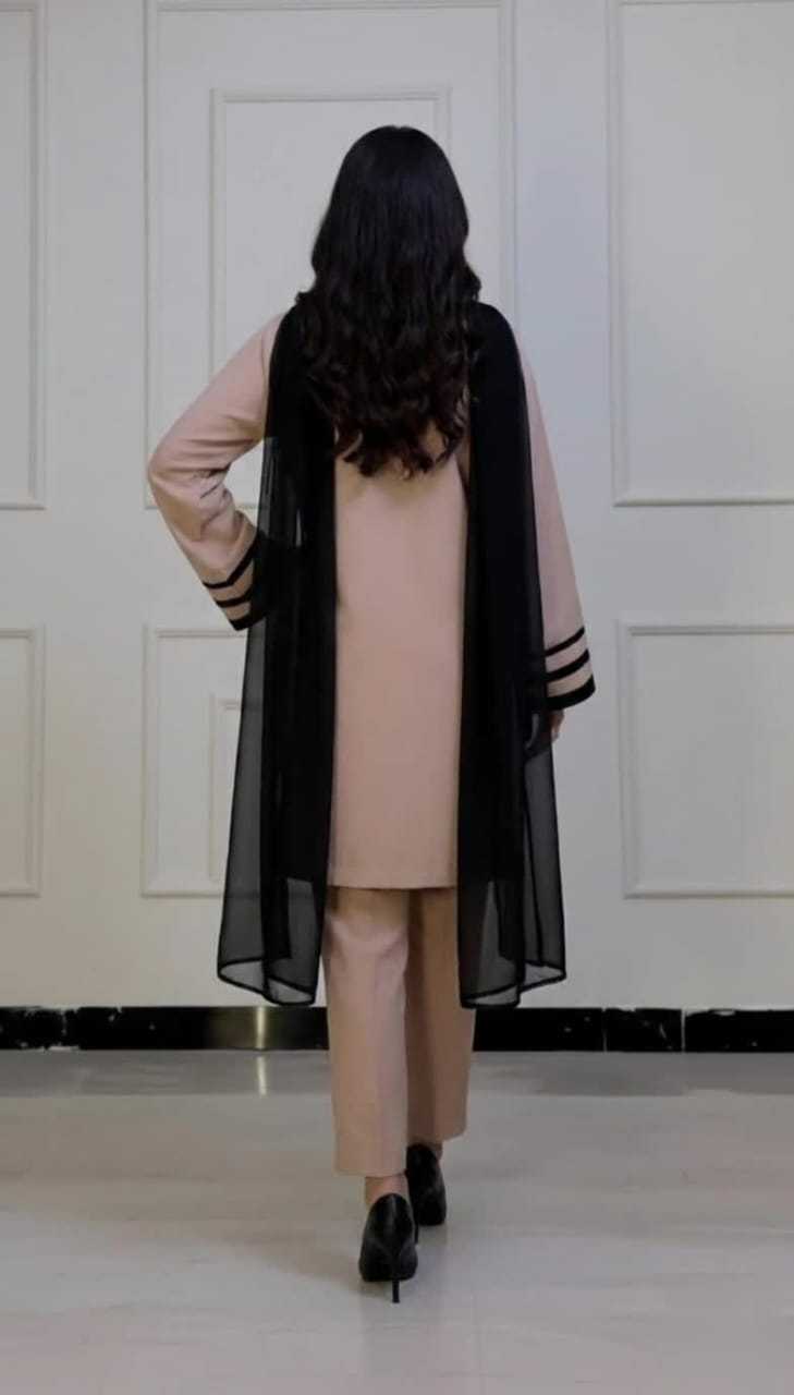 Minimalist Beige Straight Kurta & Trouser Set With Black Stripe Contrast, Premium Rayon Comfort And Elegant Chiffon Dupatta.