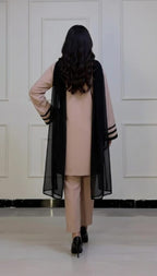 Minimalist Beige Straight Kurta & Trouser Set With Black Stripe Contrast, Premium Rayon Comfort And Elegant Chiffon Dupatta.