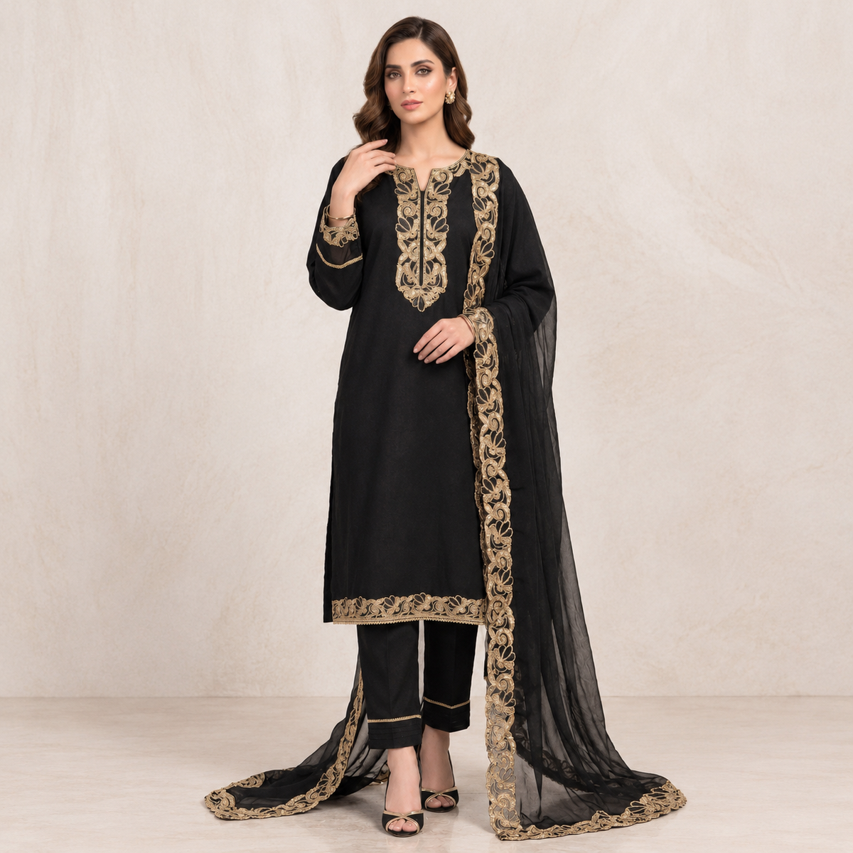 Black Embroidered Lace Three Piece Suit