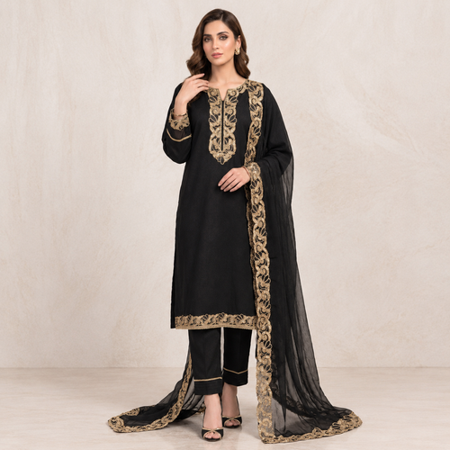 Black Embroidered Lace Three Piece Suit