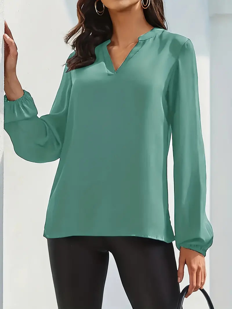 Casual V-Neck Lantern Sleeve Solid Shirt – Elegant Loose Fit Blouse For Styling Work And Daily Wear