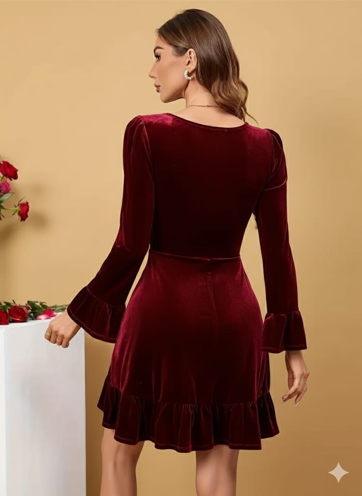 Burgundy Winter A-Line Dress With Poinsettia Collar & Ruffled Sleeves, Elegant Formal Party Wedding Gown