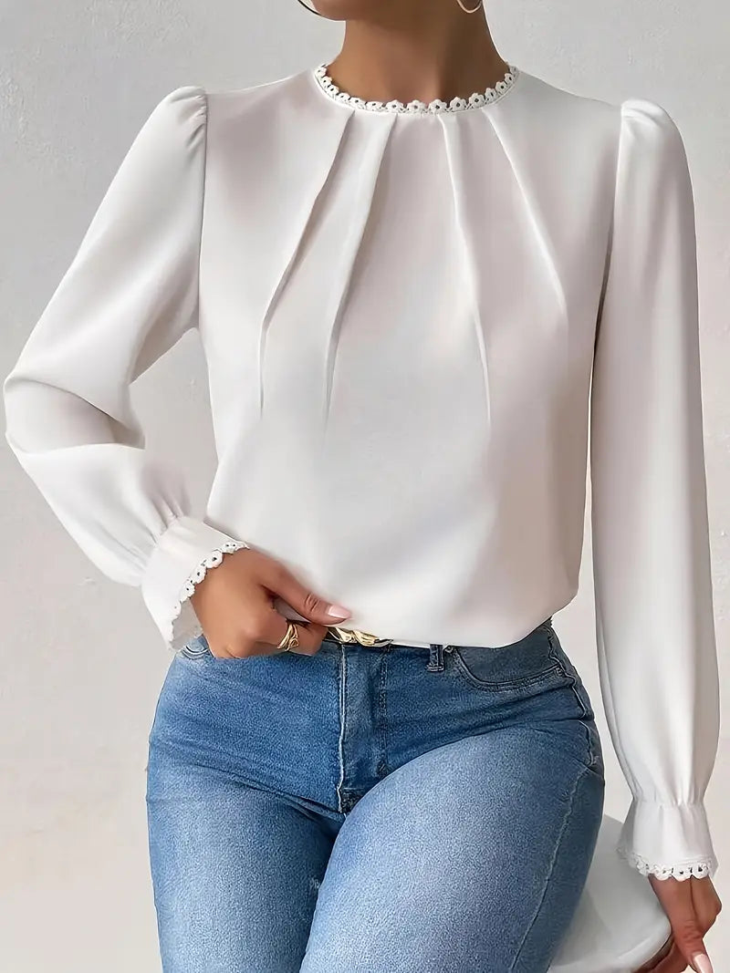 Elegant Lace Trim Blouse – Long Sleeve Round Neck Shirt, Sophisticated Workwear, Classic Feminine Top