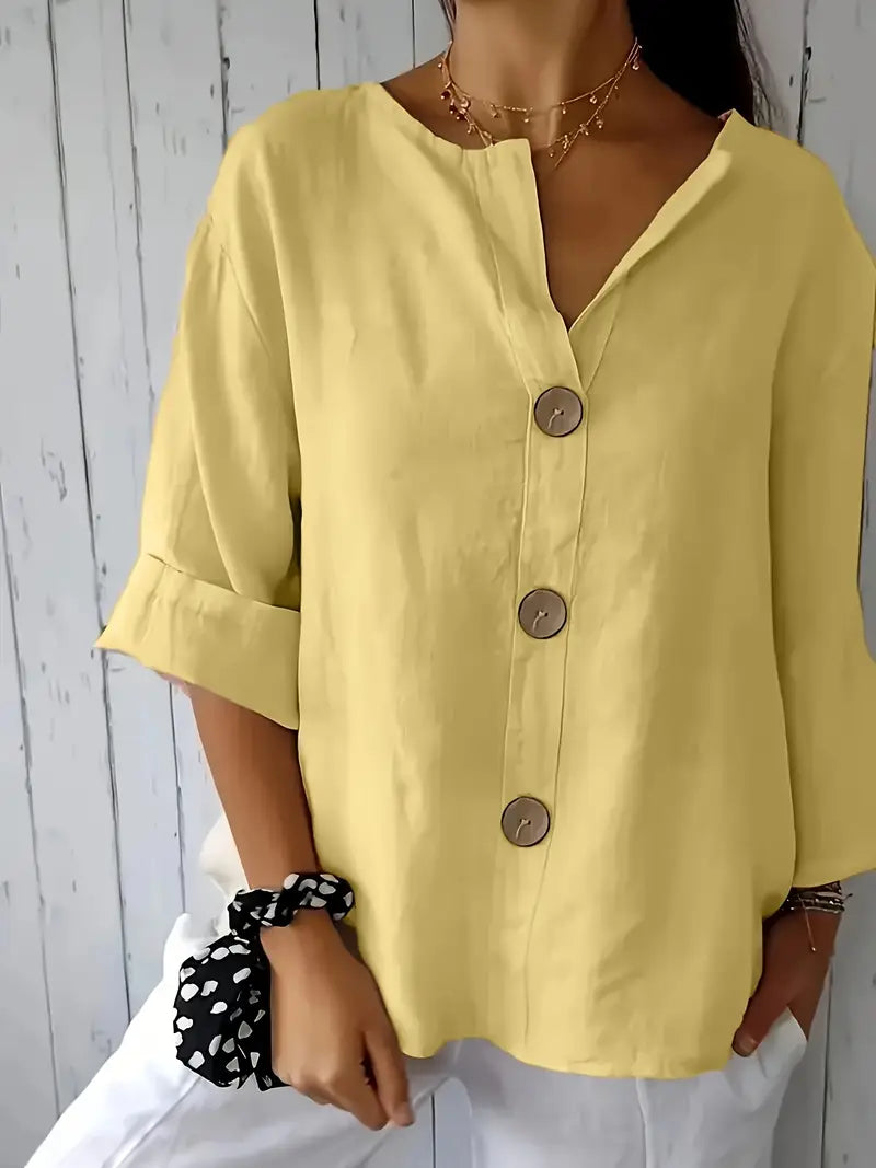 Classy Loose-Fit Blouse, Round Neck Short Sleeve Top With Decorative Button Details, Relaxed Fit, Everyday & Leisure Outfits