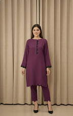 Elegant Cotton 2-Piece Suit – Crew-Neck Chori Piping Shirt With Cutwork Sleeves & Reet Design Trouser | Latest Stylish Women’s Outfit.