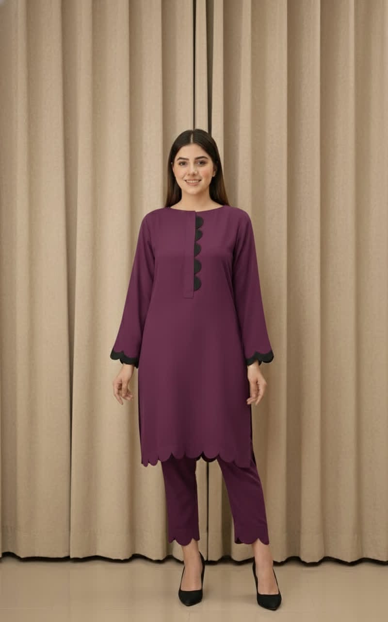 Elegant Cotton 2-Piece Suit – Crew-Neck Chori Piping Shirt With Cutwork Sleeves & Reet Design Trouser | Latest Stylish Women’s Outfit.