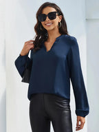 Casual V-Neck Lantern Sleeve Solid Shirt – Elegant Loose Fit Blouse For Styling Work And Daily Wear