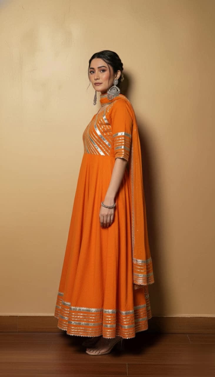 Premium Black Gota Patti Anarkali Pant Set For Women – Silk Long Anarkali With Different Shade Chiffon Dupatta & Embellished Pants.