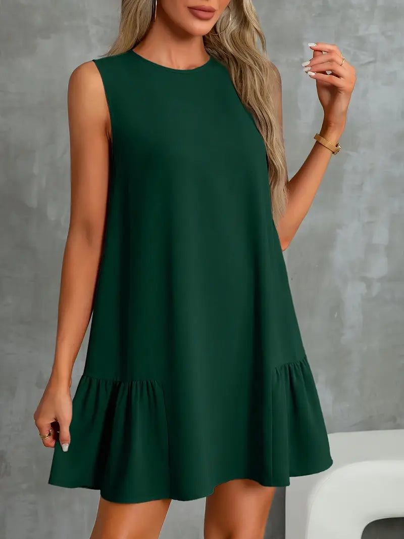 Bohemian Green Sleeveless Mini Dress – Round Neck Dress With Ruffled Hem, Flowy Fabric | Boho Chic Outfit