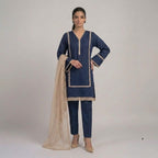 Beige Straight Kurta With Black Zig-Zag Lace