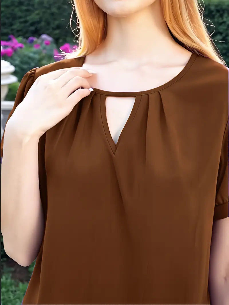 NISWA STYLE Women’s V-Neck Blouse, Loose Fit Short Sleeve Top With Glossy Fabric, Vintage Style
