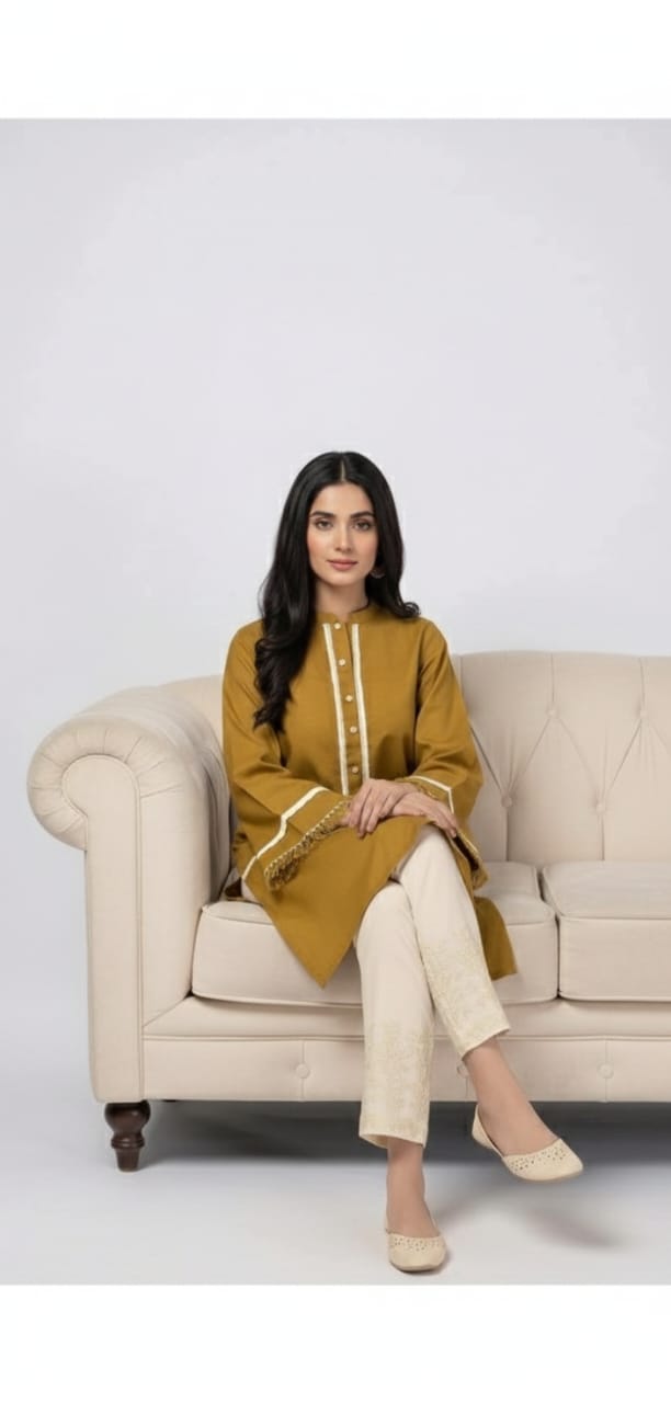 Comfortable Mustard Short Kurti Set – Stylish Front Button Shirt With White Straight Trouser Set For Women.